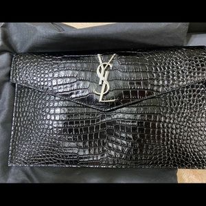 Saint Laurent Black Croc Uptown Pouch Clutch